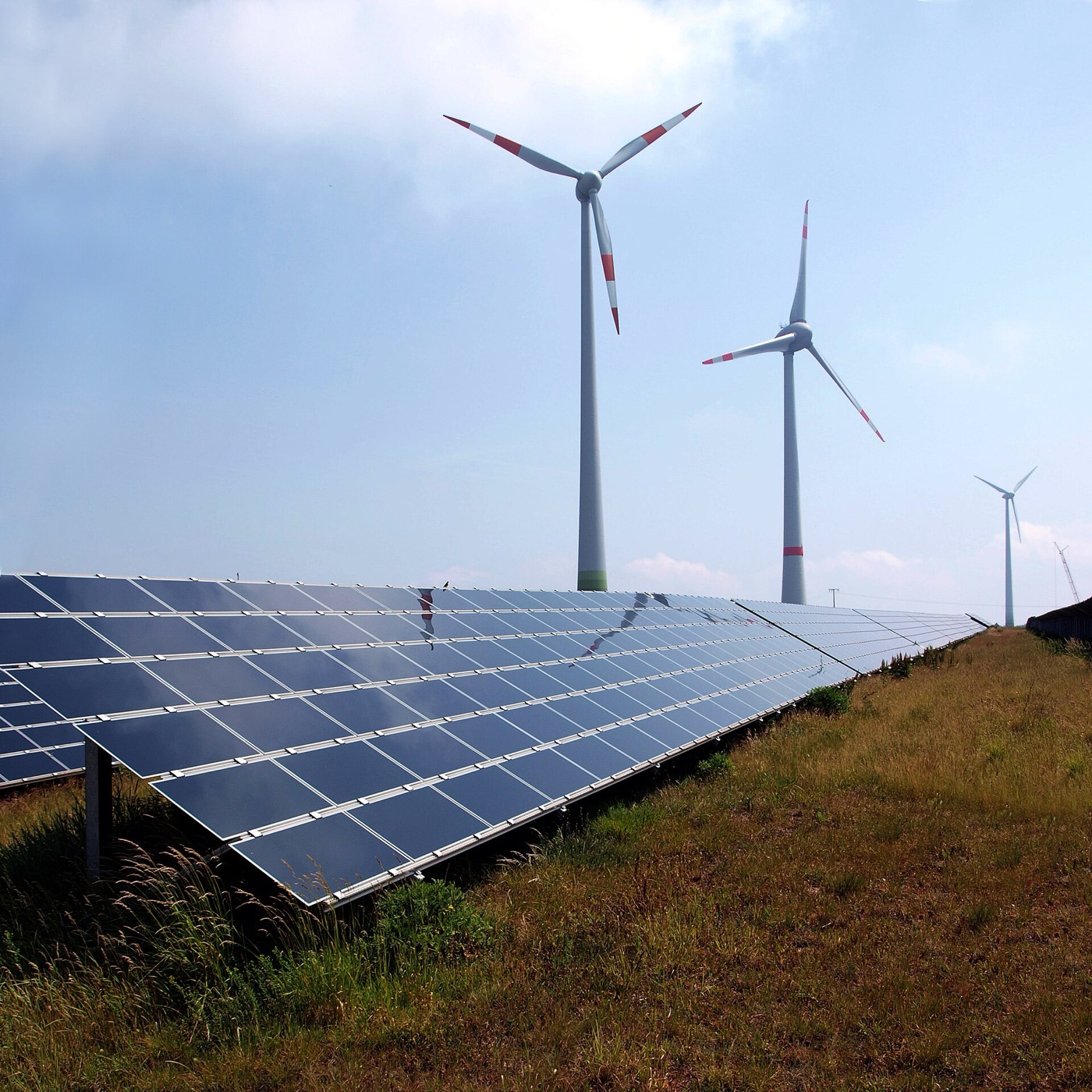 한자리에 선 태양광 판과 풍력 발전기. 햇빛과 바람으로 전기를 만들면 화석 연료를 태우지 않아도 돼요