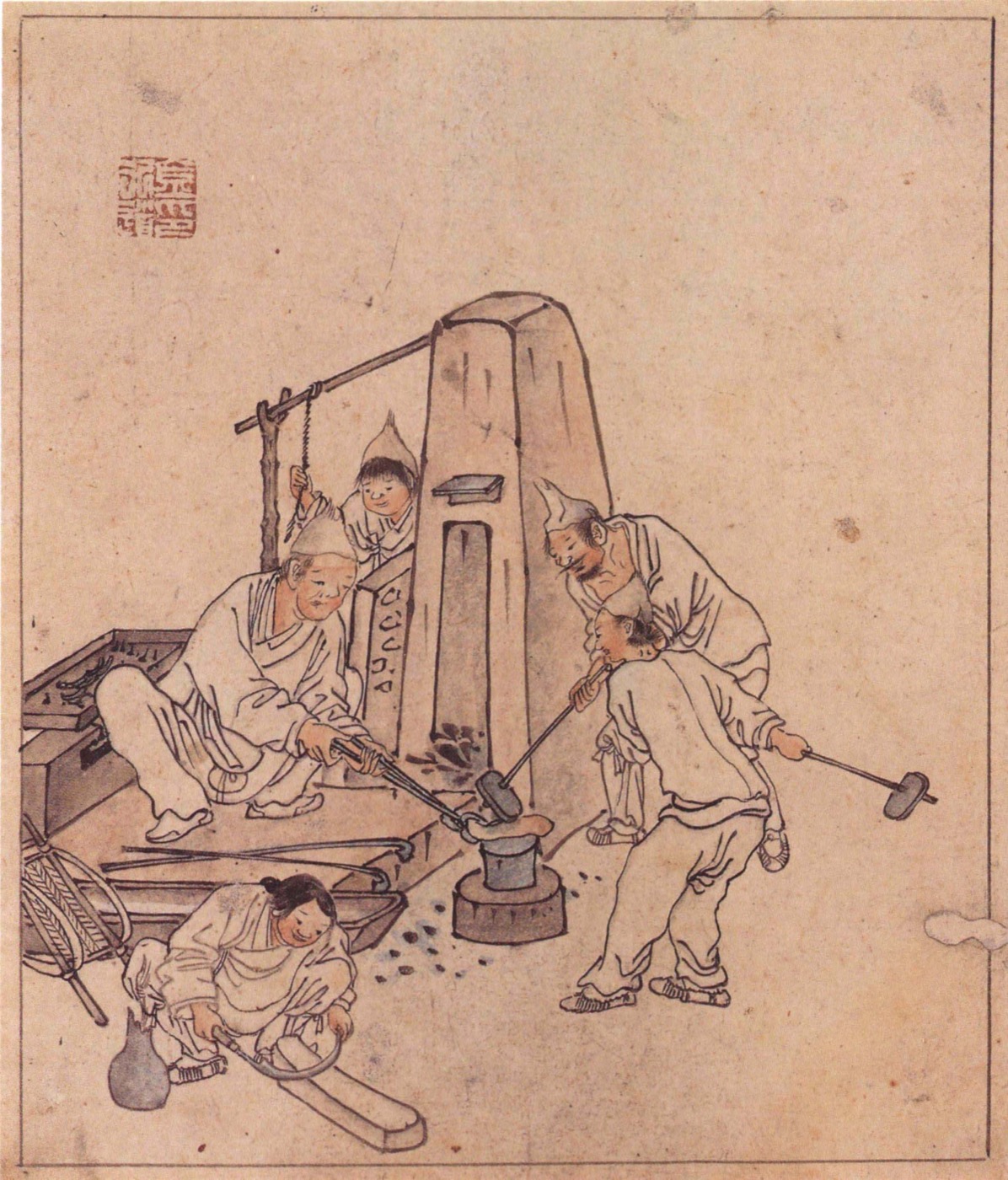 풍속도 화첩의 「대장간」이에요. 어른들이 달군 쇠를 두드리고, 뒤쪽의 아이가 줄을 붙잡고 발풀무를 밟고 있어요.