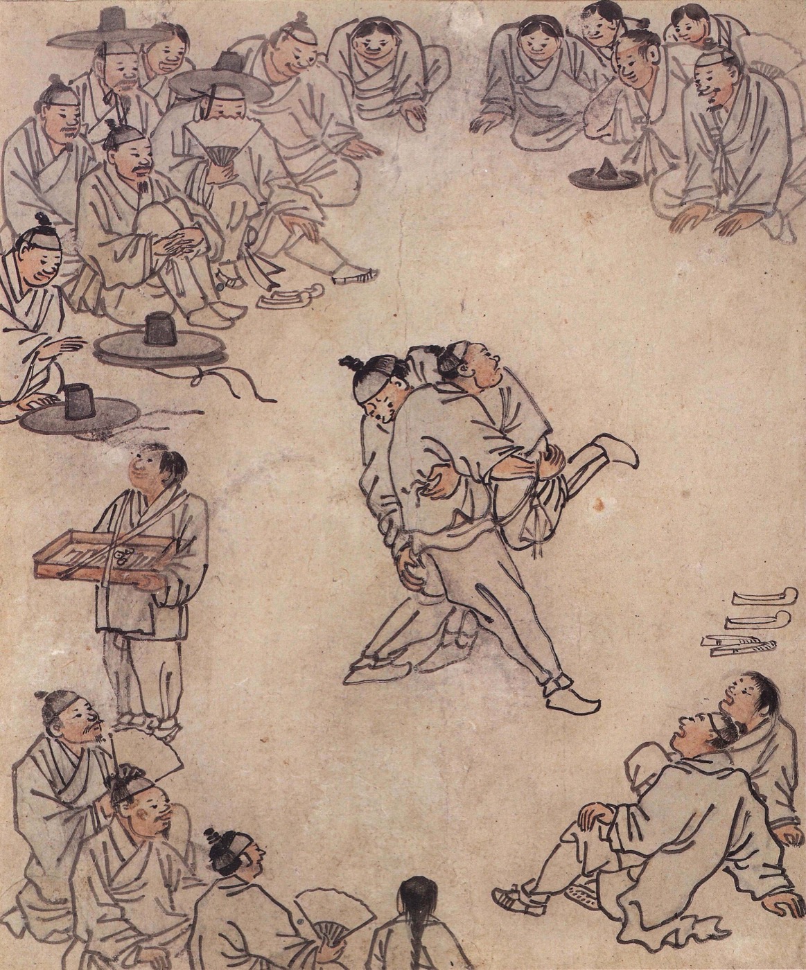 김홍도의 「씨름」이에요. 가운데에서 두 사람이 맞붙었고, 둘레에 구경꾼들이 둥글게 둘러앉아 있어요. 벗어 놓은 신과 갓이 바닥에 놓였고, 왼쪽에는 엿판을 멘 사람이 서 있어요. 배경은 아예 그리지 않았어요.